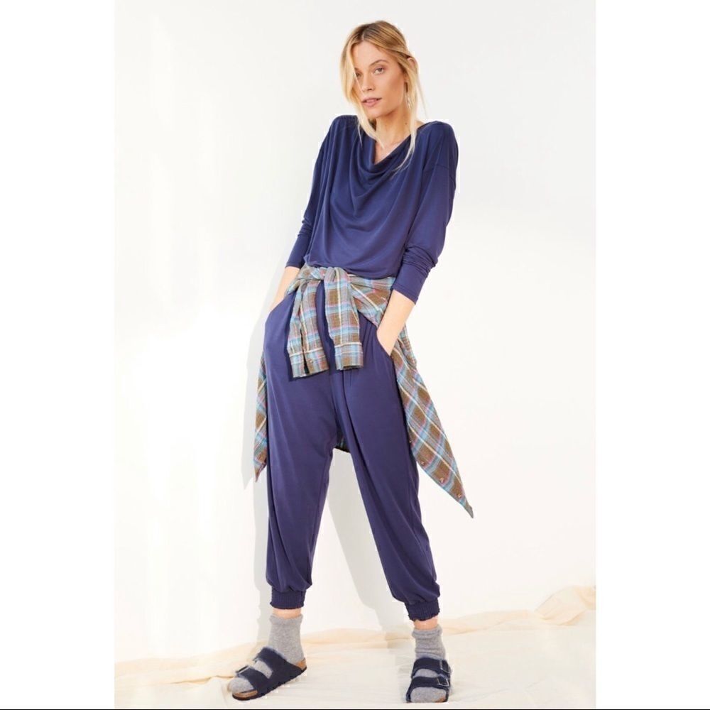 NEW Anthropologie Dylan Navy Cowl-Neck Cuffed Ankle Lounge Jumpsuit X-Small